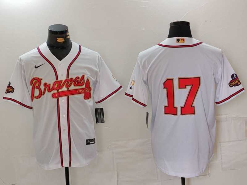 Mens Atlanta Braves #17 Andy Messersmith White Gold World Series Champions Cool Base Stitched Jersey